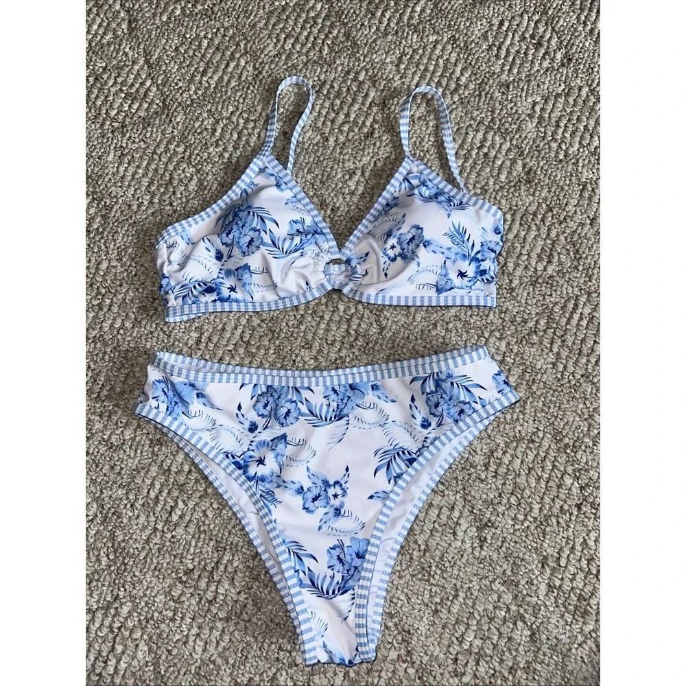 Women's Blue White Floral 2-Piece Bikini Bralette High-Waisted Stretch Small EUC